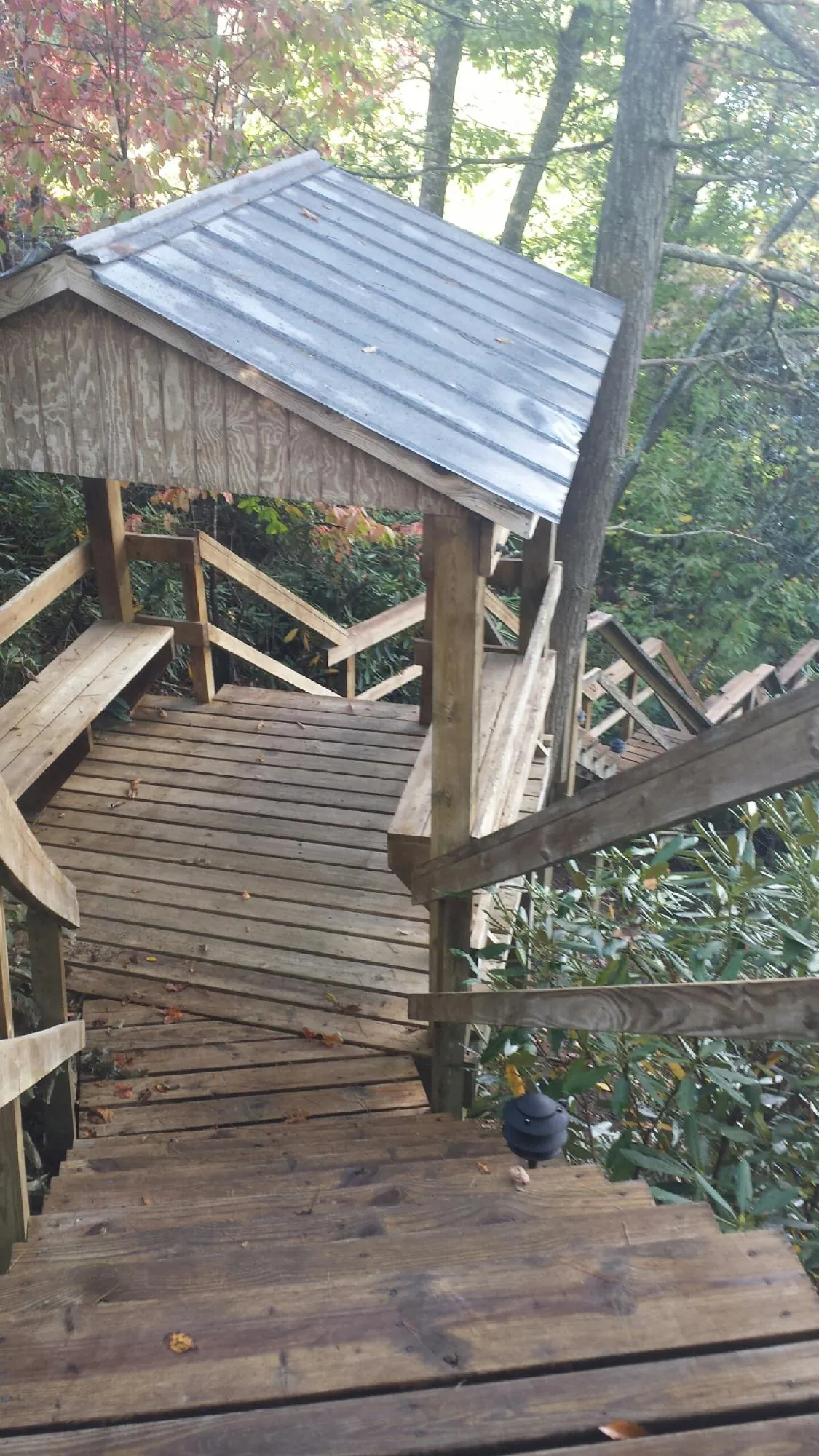 Metal roofed shelter over wooden steps on a wooded walkway — Skylight Repair & Installation work by our crew in Hickory Flat